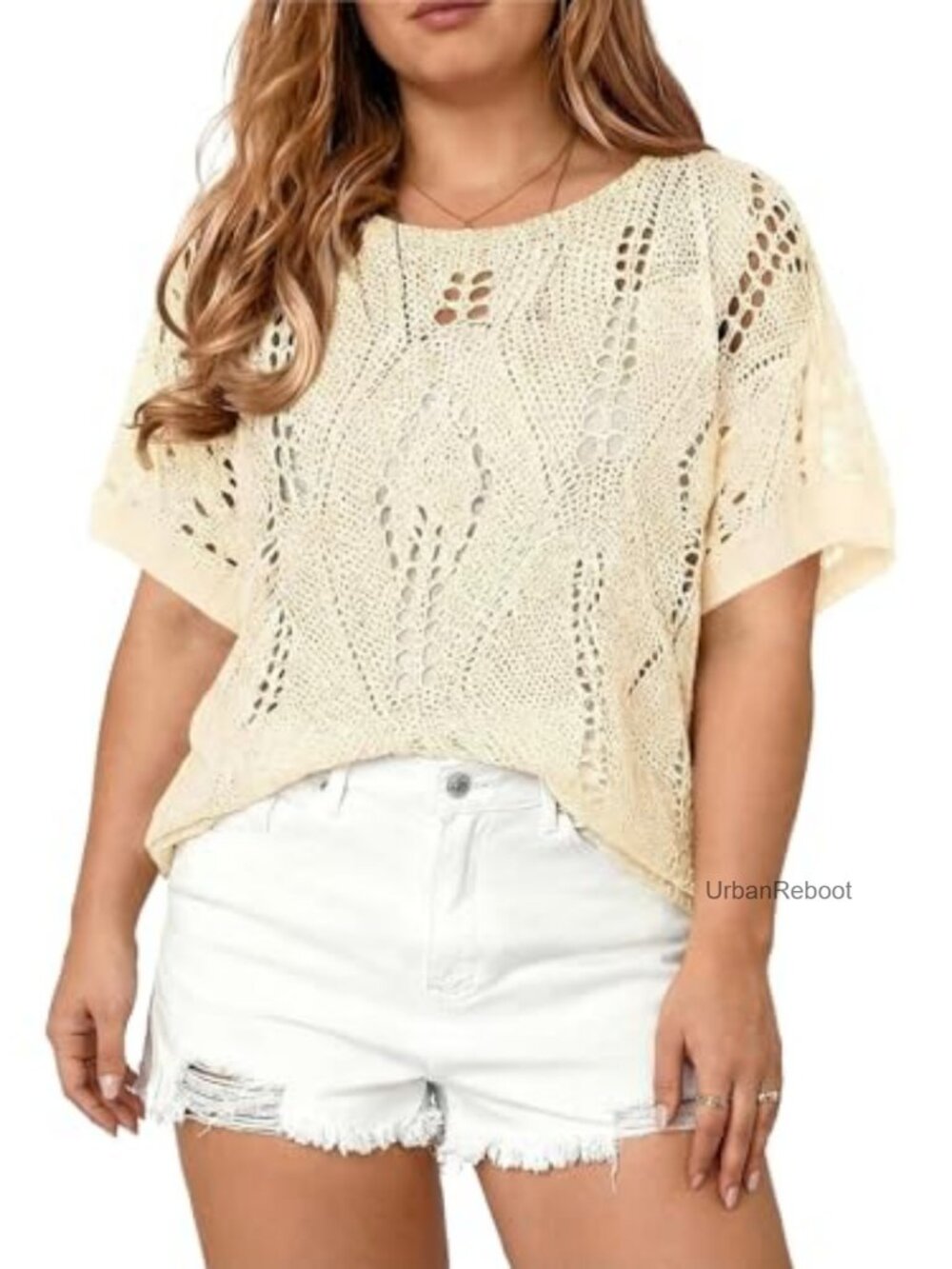 Crochet Hollow Out Half Sleeve Summer Sweater Pullover Plus Size